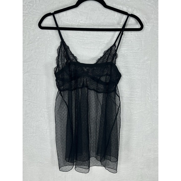 Victorias Secret XL 90's Black Sheer Dotted Flyaway Babydoll Coquette Whimsigoth - Picture 12 of 13